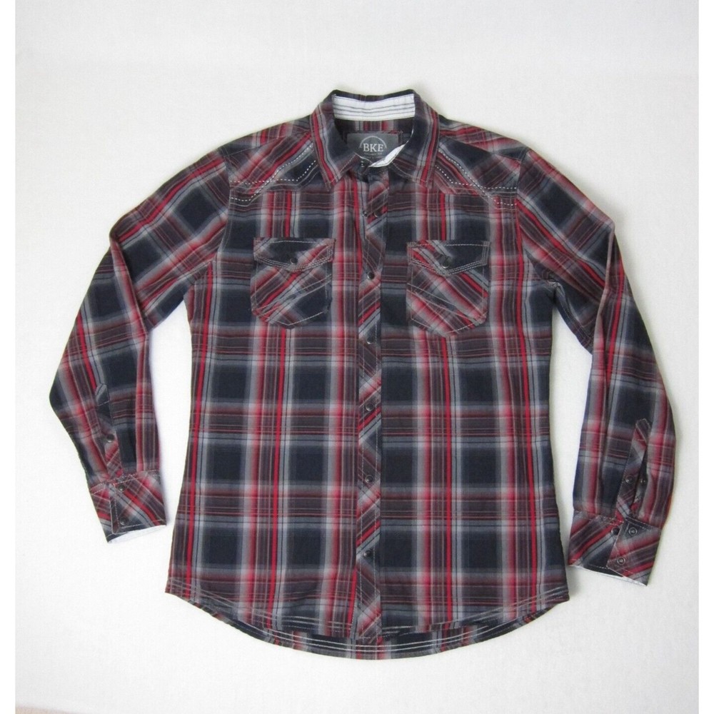 BKE Tailored Fit Long Sleeve Snap Button Buckle Shirt Men's Plaid Red Size L